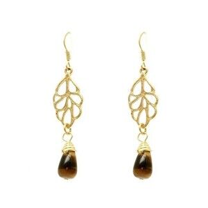 Brown Tiger Eye Stone Leaf Earrings Gold Plated Drop Semiprecious Fall Filigree